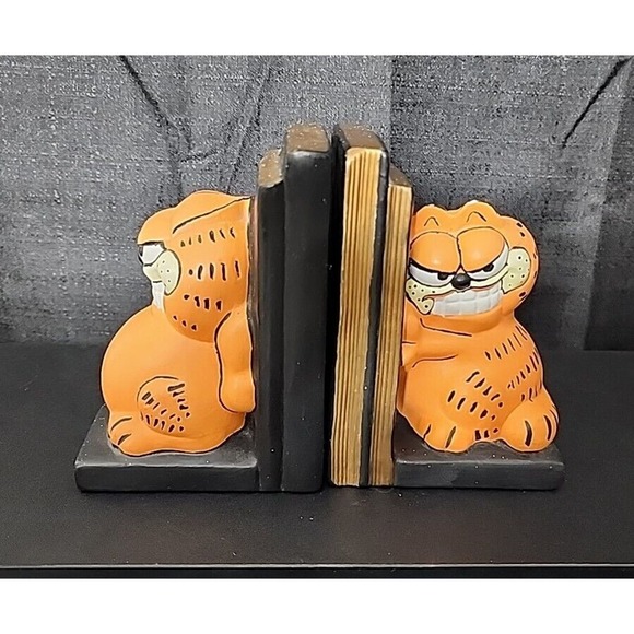 Rare Jim Davis Garfield Ceramic Bookends 1981 Vintage Figures Hand Painted NICE
